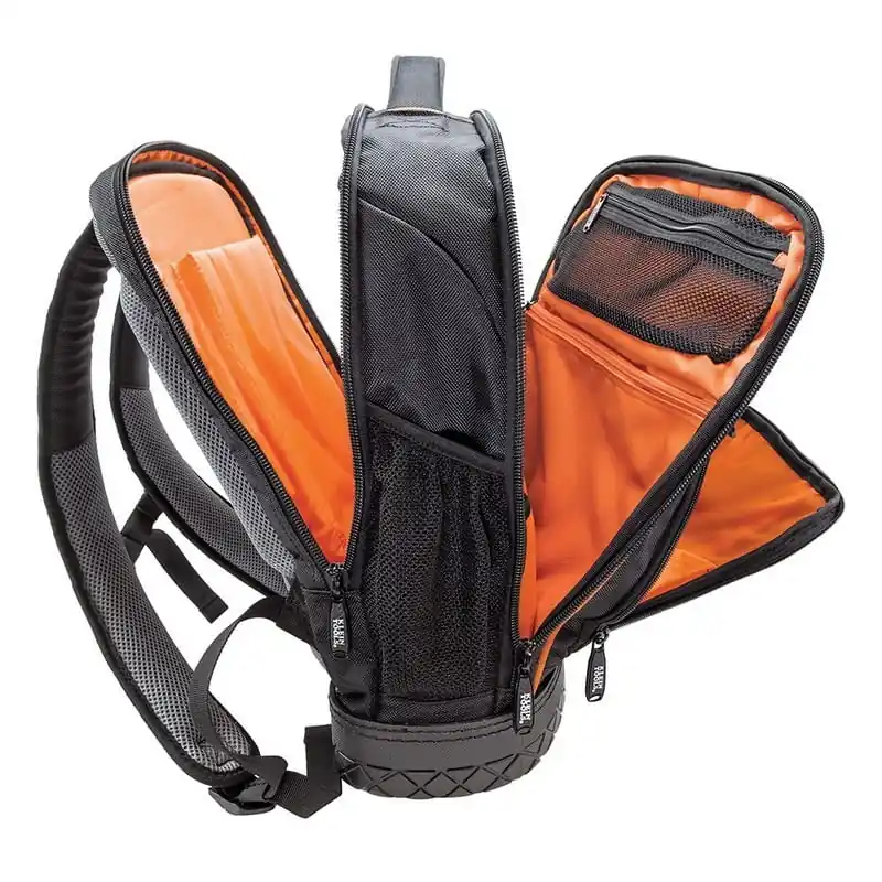 Klein Tools 55603 25 Pockets Zipper Tablet Backpack 1680D Ballistic Weave Black Orange 14-Inch x 7-Inch x 18-1/2-Inch Tradesman Pro Top Rated